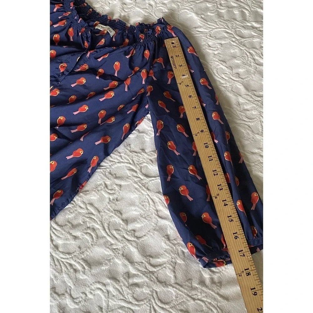 Old Navy Bird Print Button Up Top Women XS Blue Red AOP birdies 3/4 Puff Sleeves